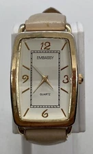 EMBASSY Ladies Watch New Battery Long Rectangular Gold Case Beige Strap NICE!