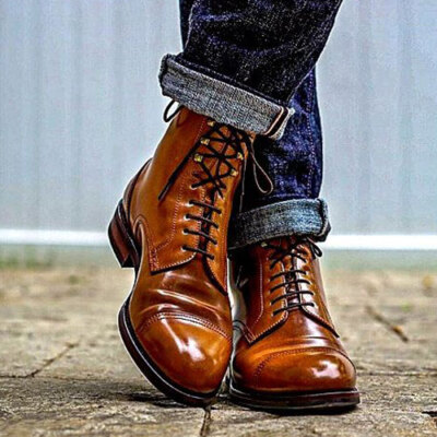 Handmade Dress Tan Leather Boot, Ankle Derby Toe Cap Dress/Formal Lace Up  Boots | eBay