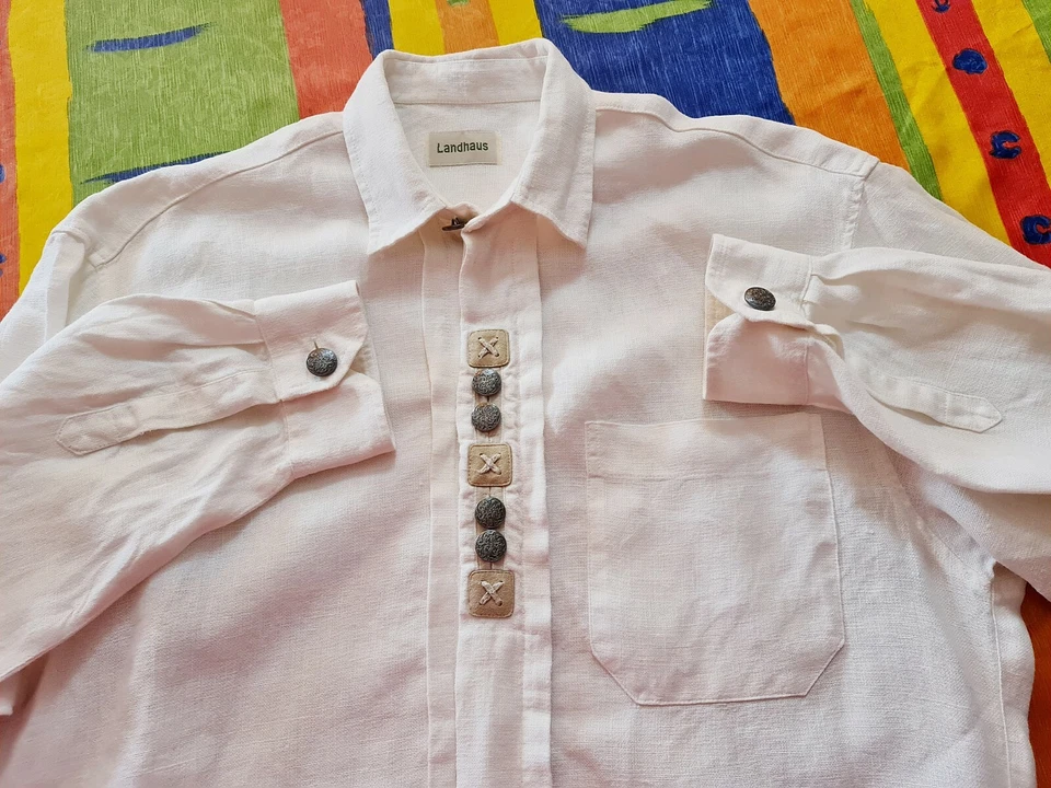 CAMICIA UOMO VINTAGE AUTENTICA LANDHAUS TYROL OKTOBERFEST DIRNDL LINO US15 EU39 - Immagine 4 di 4