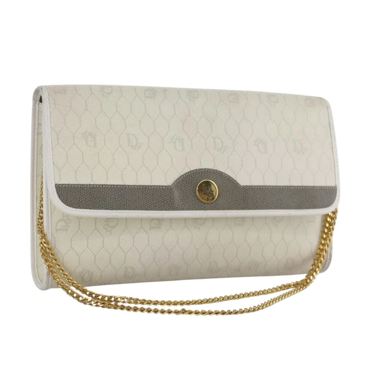 Christian Dior sac à bandoulière chaîne toile nid d'abeille PVC blanc or authentique 109076