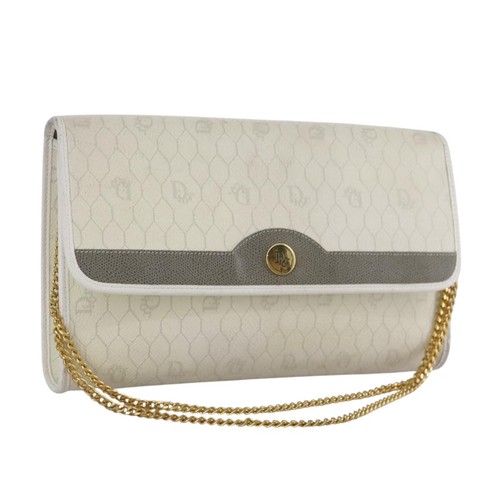 Christian Dior Honeycomb Canvas Chain Shoulder Bag PVC White Gold Auth 109076