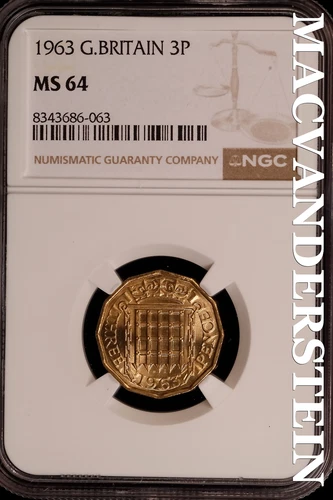 Great Britian:1963 Three Pence-NGC MS 64 Brilliant Uncirculated #SLG161