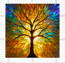 Tree with Colorful Leaves  Faux Stained-Glass WINDOW CLING Size 8" Square Vinyl