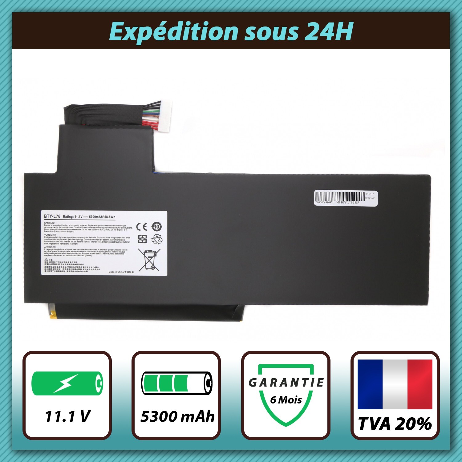 Batterie MSI GS60 GS70 GS72 BTY-L76 alimentation PC portable 11.1V 5300mAh