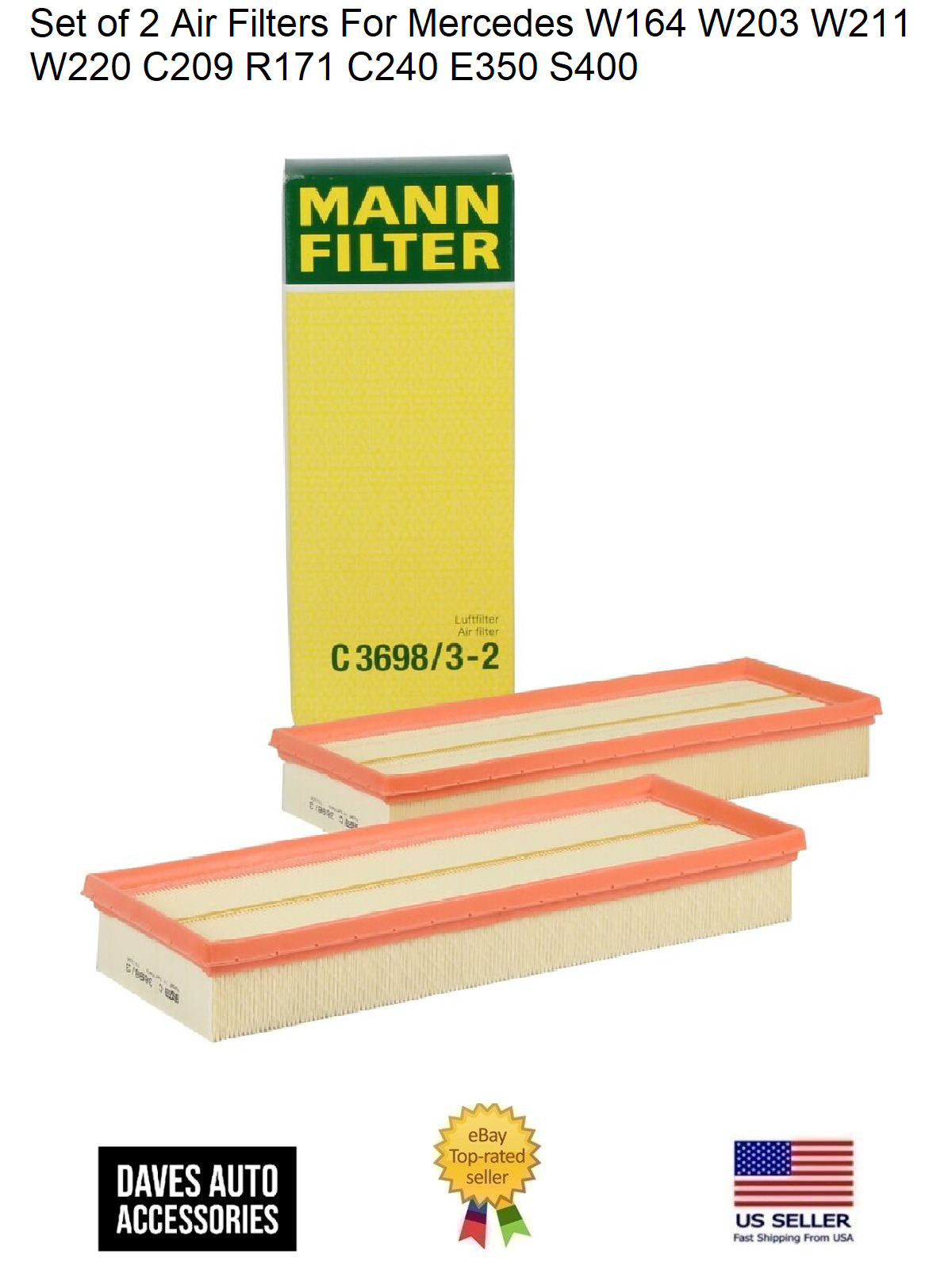 MANN Engine Air Filter Set Contains two filters #C369832 For 99-15 Mercedes-Benz