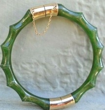 Vintage 14k gold spinach Jade Bamboo bangle with safety chain 26.4 grams