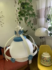 Pair of Mid Century 1960s  Hanging Lights Lamps Hardwired White Blue Flower Iron