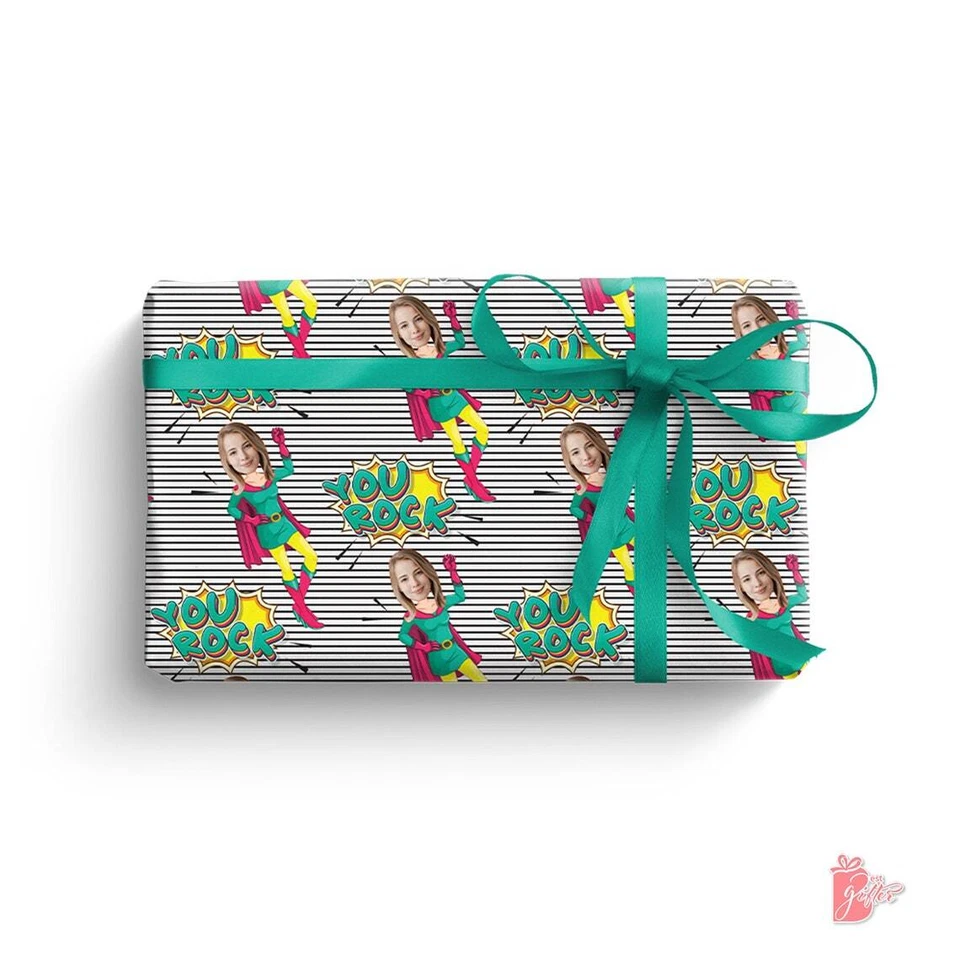 Personalized Birthday Gift Wrapping Paper w/ Photo Face Cut Girl Hero Gift Wrap - Image 2 of 4
