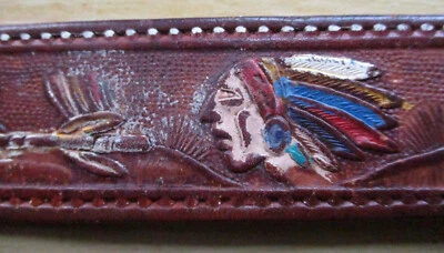 Leather Belt Embossed Painted Tooled Eagle Indian with Rifle Bull Symbols MEXICO - Image 1 of 4