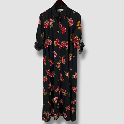 Maxi Shirtkleid TANZENDER LEOPARD schwarz rosa Blumen Boho Langarm Damen M