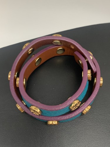 Tory Burch Miller Gold Stud Double Wrap Leather Bracelet Teal Blue & Purple L10 - Picture 3 of 8