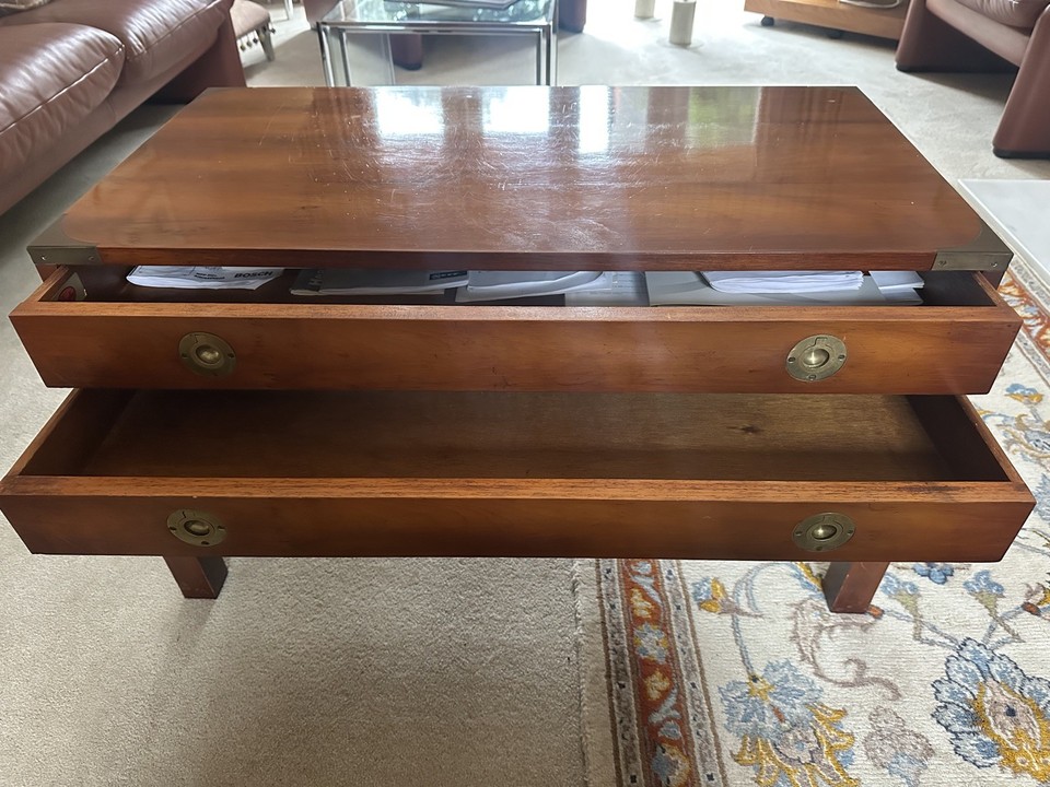 REDUCED BRADLEY FURNITURE WOOD BRASS MILITARY CAMPAIGN 2 DRAWER COFFEE ...