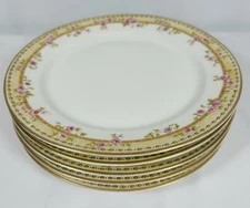 PL Limoges Set (5) Dessert Plates 7.5” Floral Pink Roses Yellow Rim France