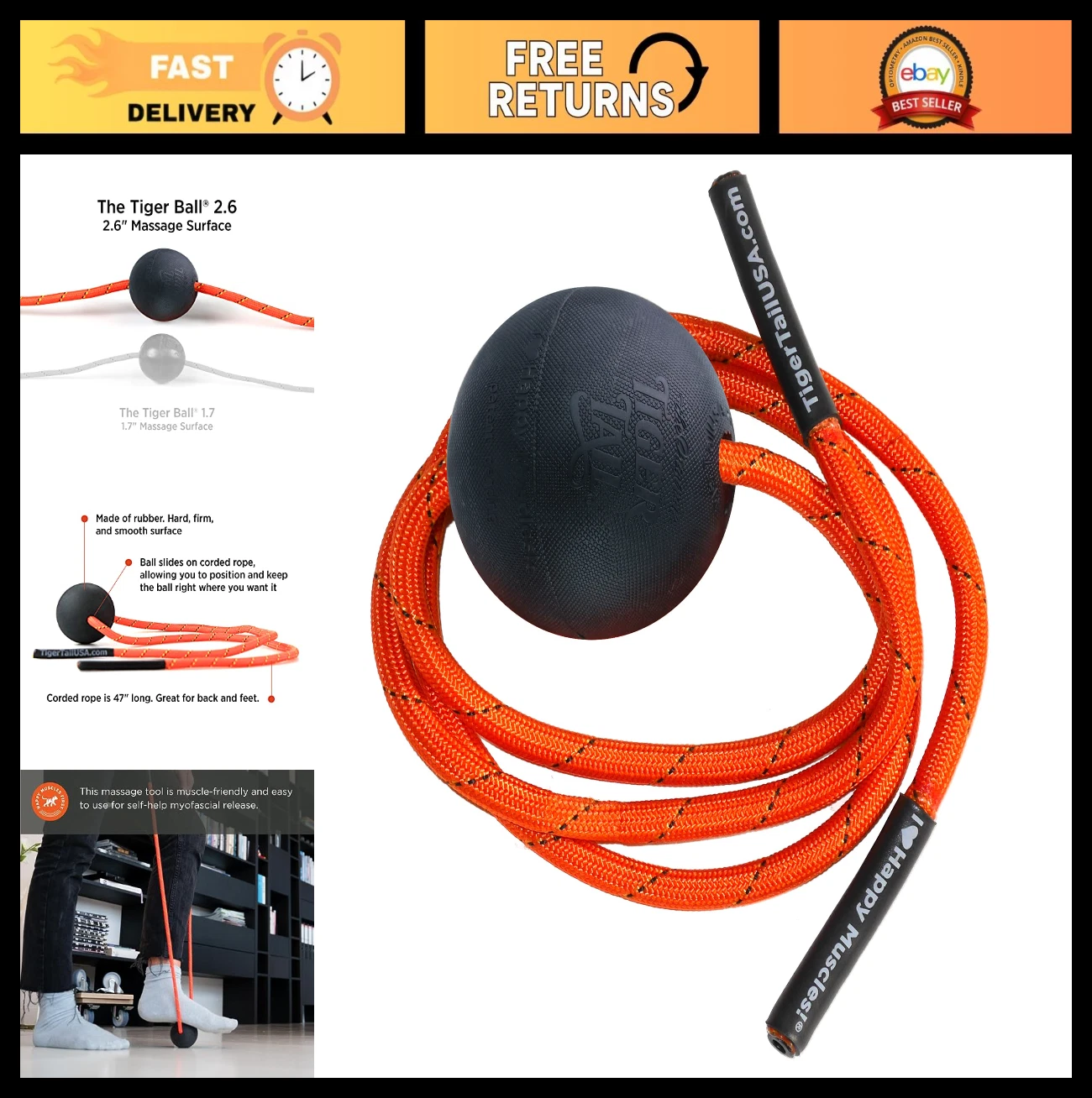 Deep Tissue Foam Roller Ball with 47” Corded Rope - Trigger Point Massage Therap