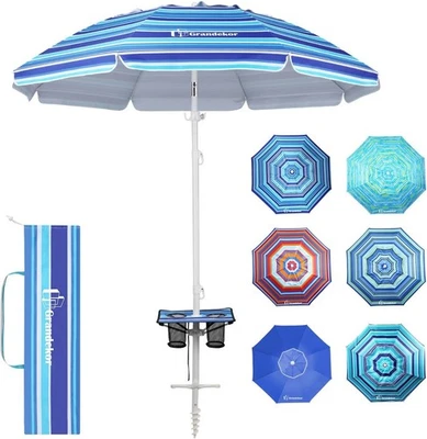GRANDEKOR FT Beach Umbrellas for Sand Heavy Duty Wind w/ Table & Carry Bag UV50+ Portable