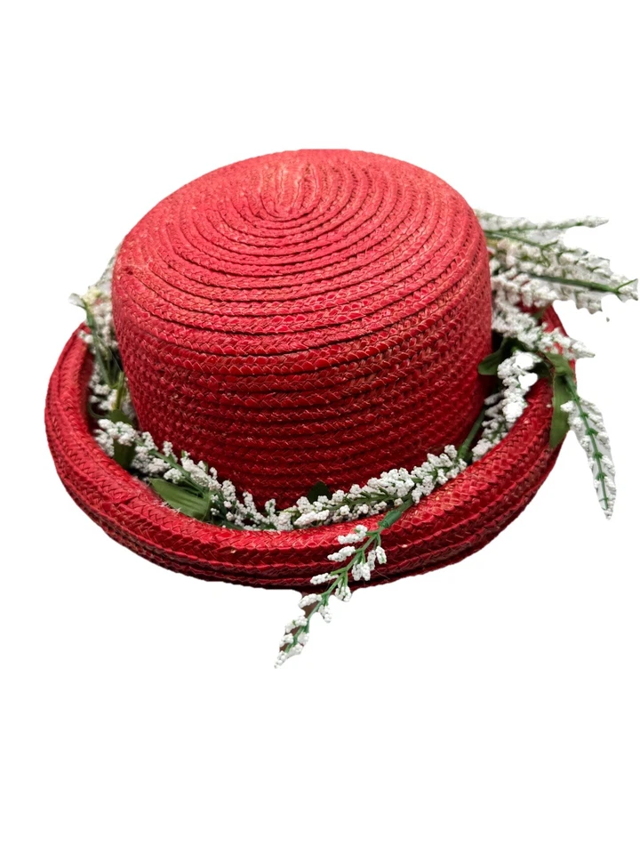 Vintage Handmade Straw Hat Twill Lace Floral Accents Red Church Party Easter - Image 3 of 4