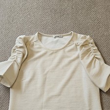MARCS Size S Cream Stripe Ruched Puff Sleeve Scoop Neck Metallic Knit Top