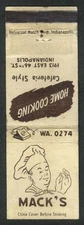 Mack's Home Cooking Cafeteria Style 1913 East 46th St Indianapolis IN matchcover