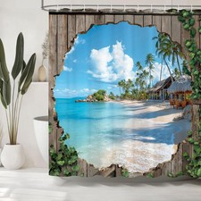 72x72 Inch Sea Beach Shower Curtains Bathroom Scene Barn Door Hooks
