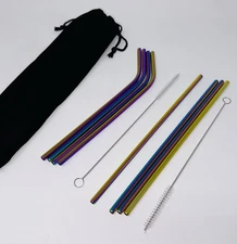 Stainless Steel Straws Set: Metallic Rainbow set of 8 straws