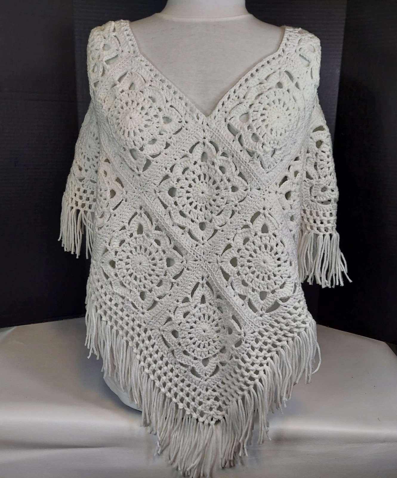 Handmade Willow Granny Square Poncho Shawl Fringe White M/L Acrylic Cover-UP