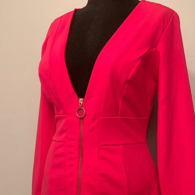hot pink zip up dress Women's Long Sleeve Front Plunge V Neck LowStock:43742986108979