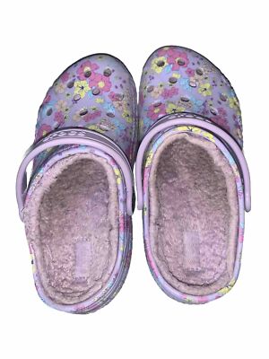 Crocs Baya Purple Floral Fur Lined Clog Shoes size J 3 | eBay display picture 3