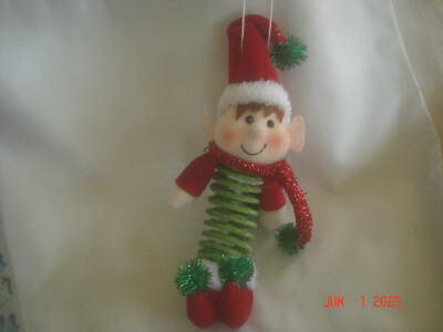 FUN Vtg. FLOCKED & FLEECE SPRING BODY  ELF with BIG EARS CHRISTMAS ORNAMENT