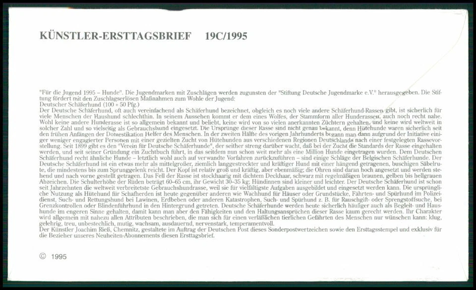 ALEMANIA FDC 1995 PERROS PASTOR ALEMÁN PERRO PASTOR ALSACIANO PERROS SOBAKI fj12 Foto 2 de 2