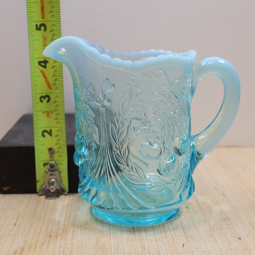 Vintage Opalescent Blue Glass Creamer Pitcher Wreathed Cherry LG Wright - Picture 9 of 9