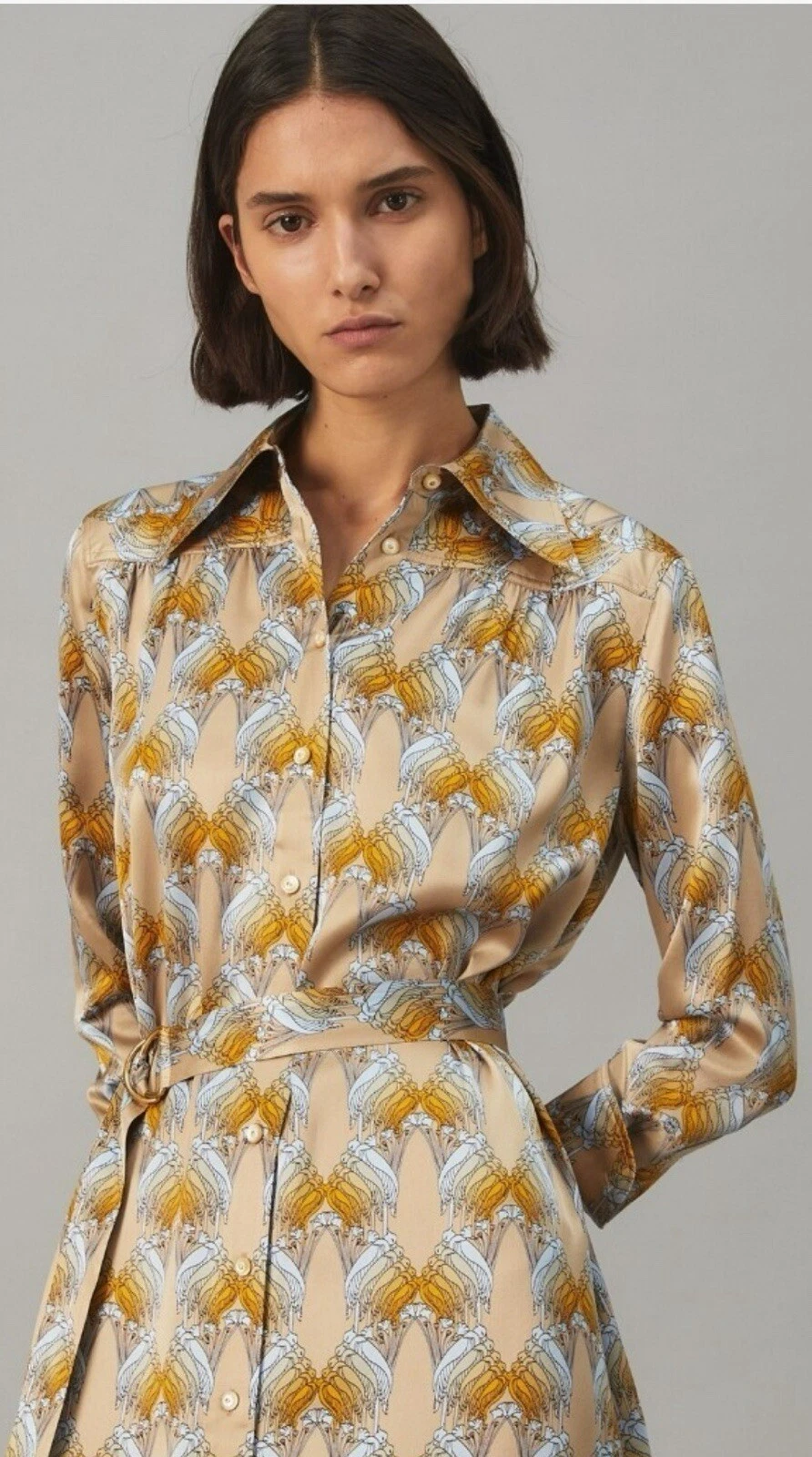 Camicia nuova senza etichette Tory Burch seta raso stampa uccellino US4 spedizione gratuita