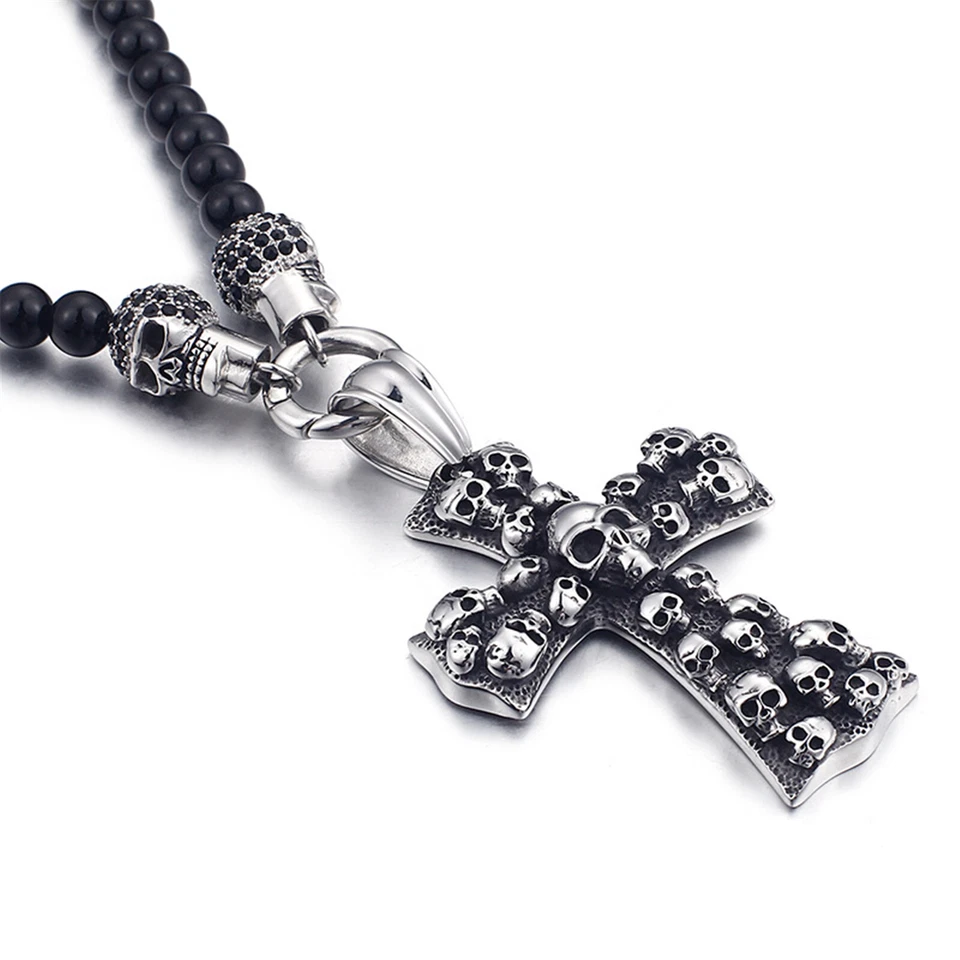 Juego de collar colgante de acero inoxidable con cruz de calavera de cuentas de ónix negro para hombre 19" Foto 2 de 4