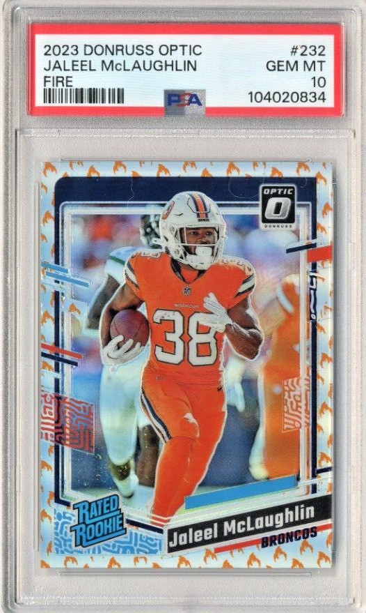 Jaleel McLaughlin RC 2023 Donruss Optic FIRE Prizm #232 CASE HIT GEM MINT PSA 10