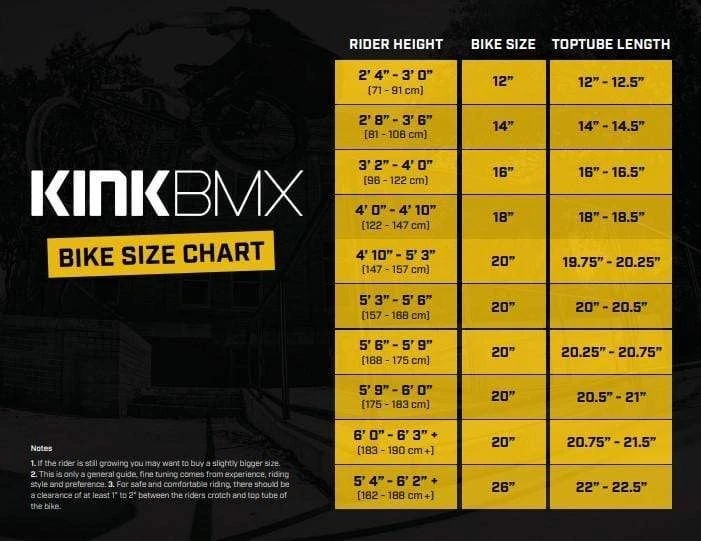 Kink bmx size clearance chart