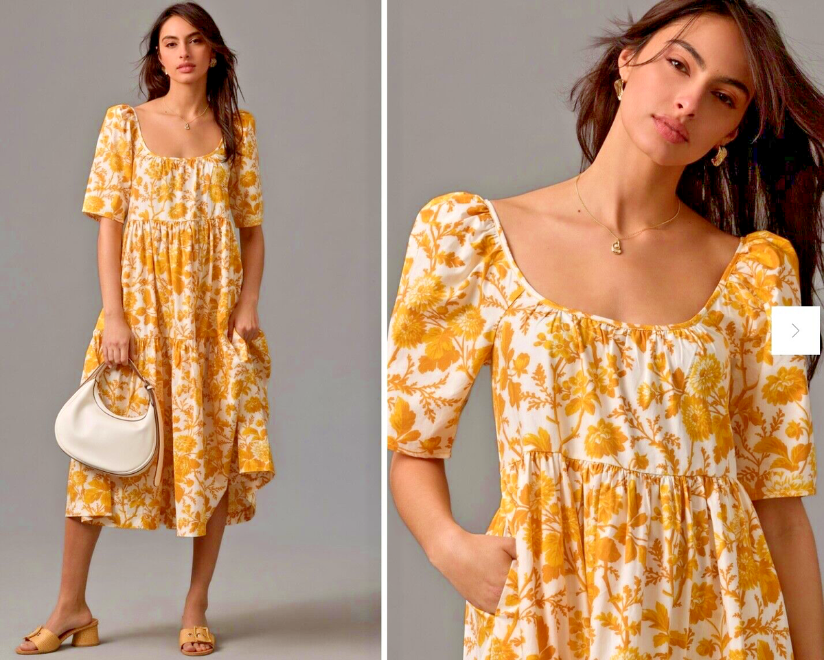 tiered puff sleeve cotton midi dress NWT ANTHROPOLOGIE TIERED COTTON POPLIN PUFF SLEEVE MIDI DRESS BUTTER FLORAL  M