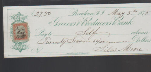 Grocers & Producers Bank Providence Rhode Island Used Check 1875 w Revenue Stamp - Picture 1 of 1
