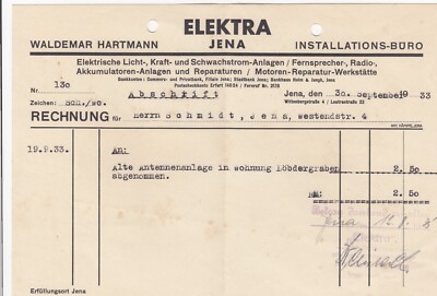 JENA, Rechnung 1933, ELEKTRA Jena Waldemar Hartmann Installations-Büro