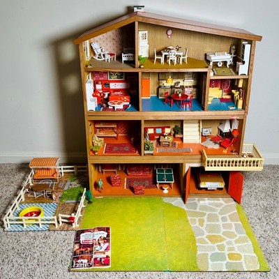 Vintage 1970's MCM Swedish Lundby Dollhouse With Furniture And