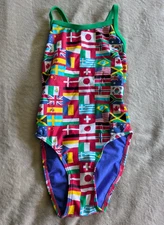 SPORTI International Flags One Piece Swimsuit Girls Youth 26 Swim Suit Green Red