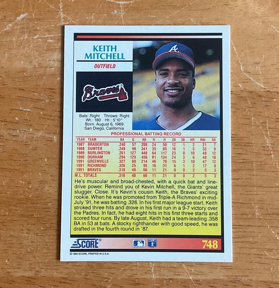 Keith Mitchell Atlanta Braves Signed Autograph 1992 Score Baseball Card - Image 2 of 2