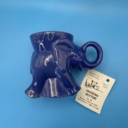 *VINTAGE ORIGINAL FRANKOMA Blue GLAZED POTTERY  COFFEE MUG 1970 GOP ELEPHANT