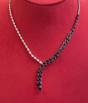 Natural Blue Saphire And Diamond Lariat Necklace