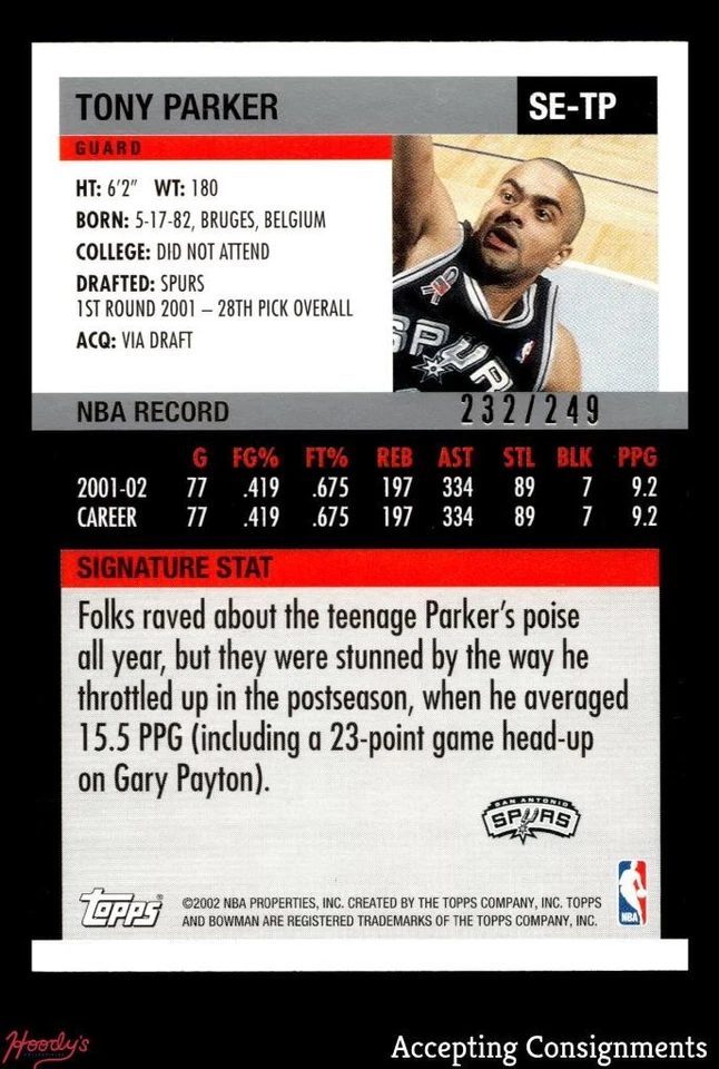 2002-03 Bowman Signature Edition Parallel #SETP Tony Parker 232/249 SPURS - Image 2 of 2