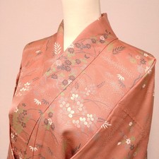 Woman Japanese Vintage Kimono Komon Silk Plum blossom Flower Coral Pink 159cm