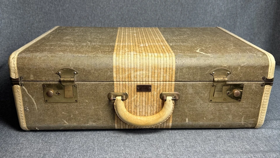 Maleta AIRESS Platt Vintage Rayas Tweed Borde Cuero Crema 21x15x7 LLAVE ¡Bonita! Foto 3 de 4