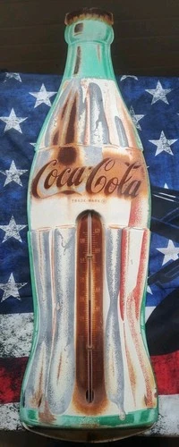 Vtg Coca Cola 29" Bottle Thermometer Tin Advertising Sign RARE! Red White & Blue