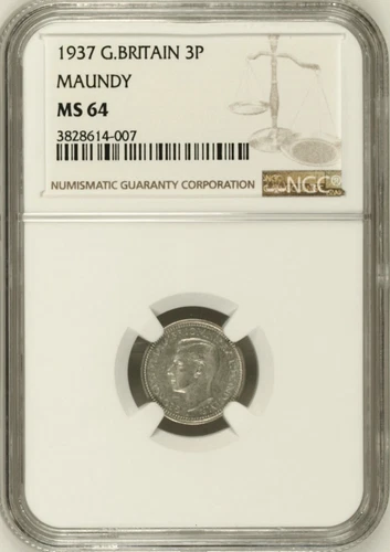 1937 Great Britain Silver Maundy Three Pence NGC MS 64 - Hard To Find Mint State