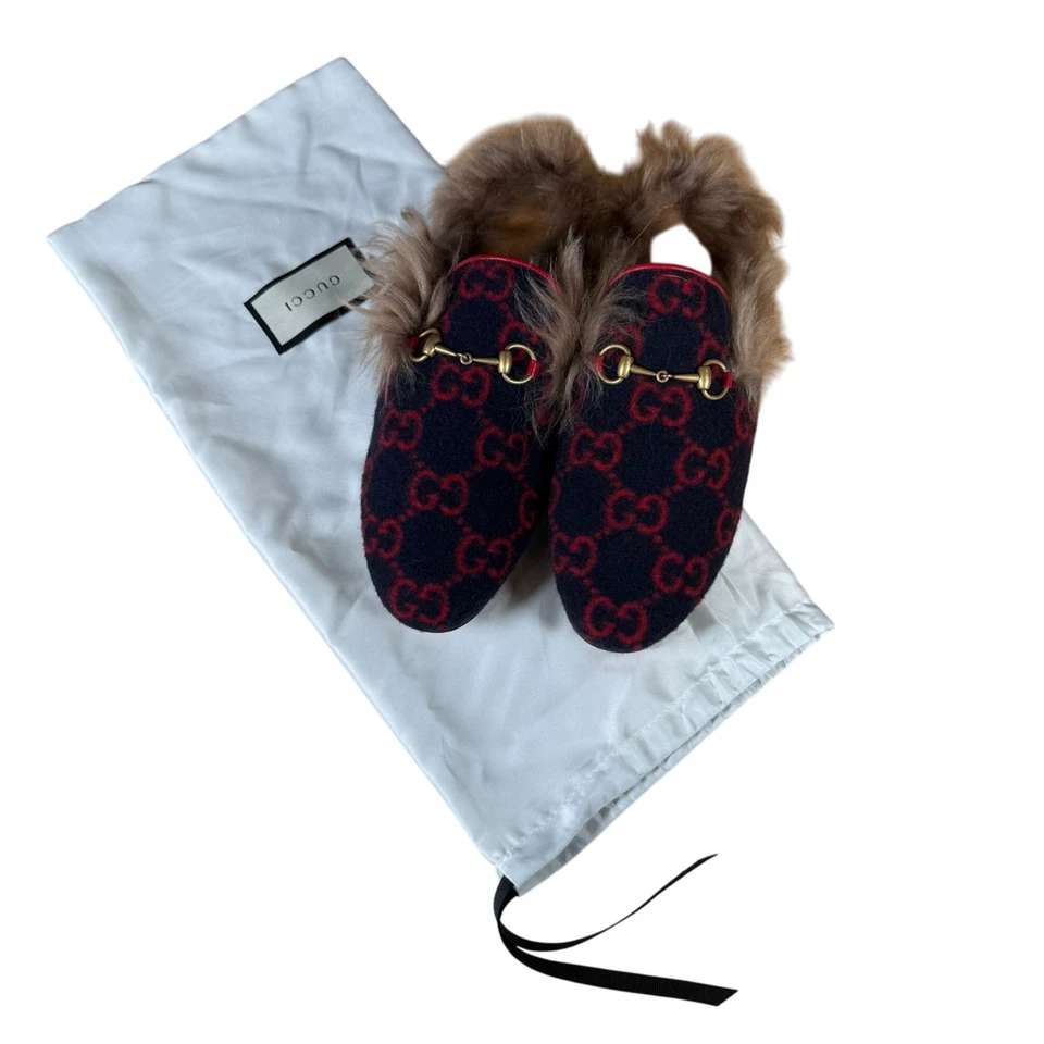 Gucci Princetown Fur-Lined Mule Slippers in Navy GG Wool Size 38.5 - Image 2 of 4