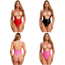 Womens Faux Leather Hollow Out Bodysuit Halter Neck Open Chest High Cut Leotard