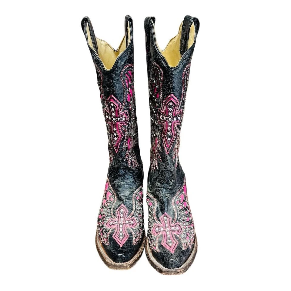 Corral Women's Black Leather Cowboy Boots Size 7 Pink Wing Cross Studs - Image 4 of 4